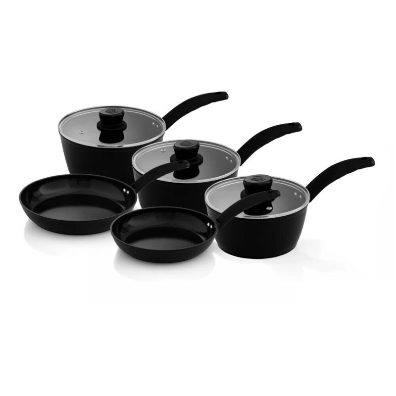 Swan Stealth 5 Piece Cookware Set. Stylish Black Pan Set with 3 Sauce Pans & 2 Frying Pans. SWAN 5 Year Guarantee