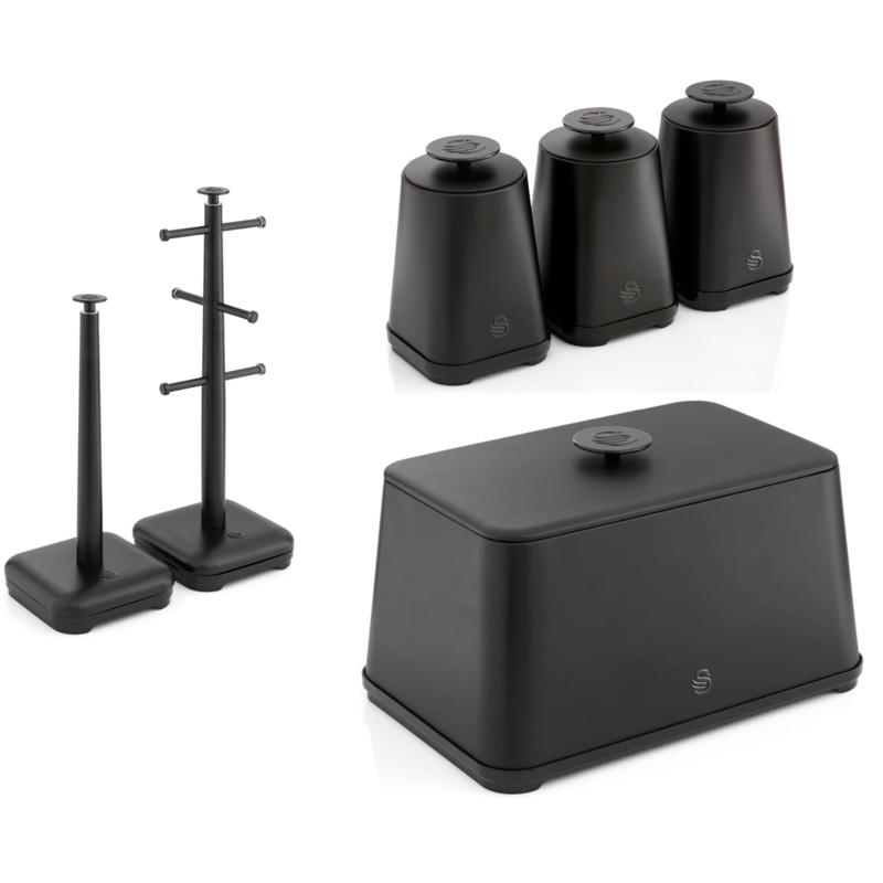 Swan Stealth Black Breadbin, Canisters Mug Tree & Towel Pole Kitchen Storage Set