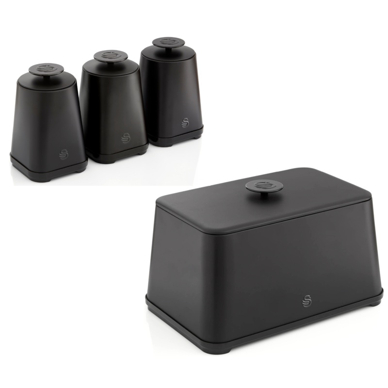 Swan Stealth Black Breadbin & Tea Coffee Sugar Canisters Kitchen Storage Set