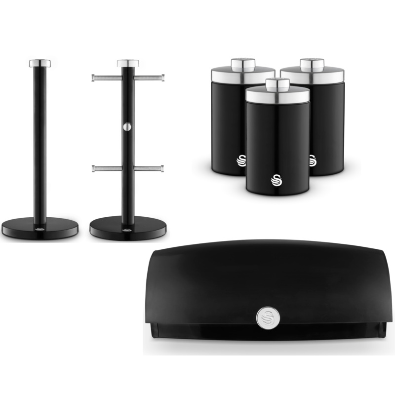 Swan Townhouse Black Bread Bin, Canisters Mug Tree & Towel Pole Kitchen Storage Set of 6