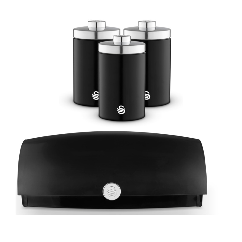 Swan Townhouse Black Bread Bin & Tea Coffee Sugar Canisters Kitchen Storage Set