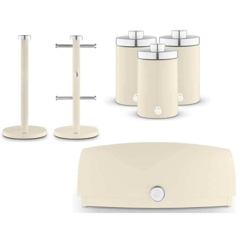 Swan Townhouse Cream Bread Bin, Canisters, Mug Tree & Towel Pole Kitchen Set of 6