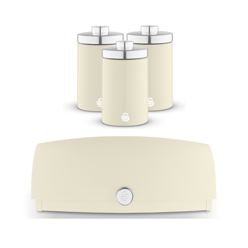 Swan Townhouse Cream Bread Bin & Tea Coffee Sugar Canisters Kitchen Storage Set