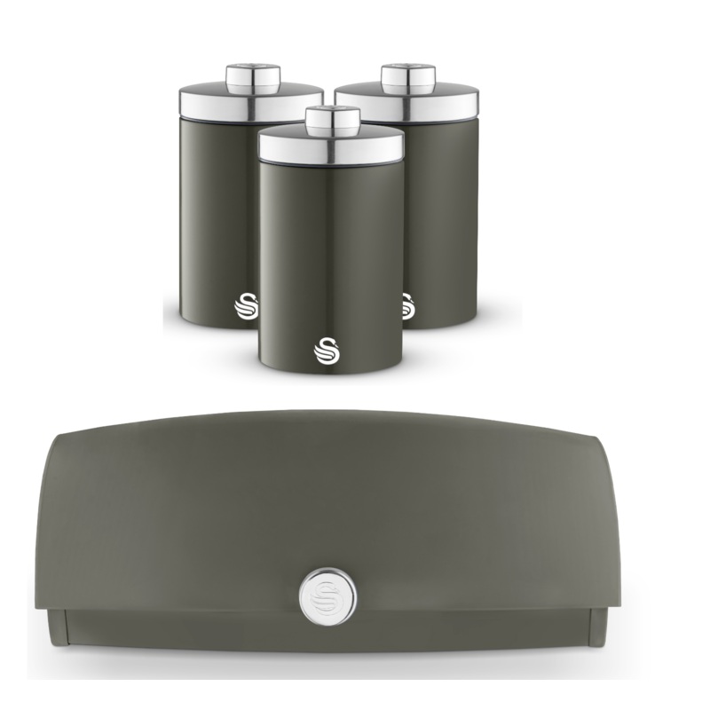 Swan Townhouse Graphite Bread Bin & 3 Canisters Kitchen Storage Set in Grey