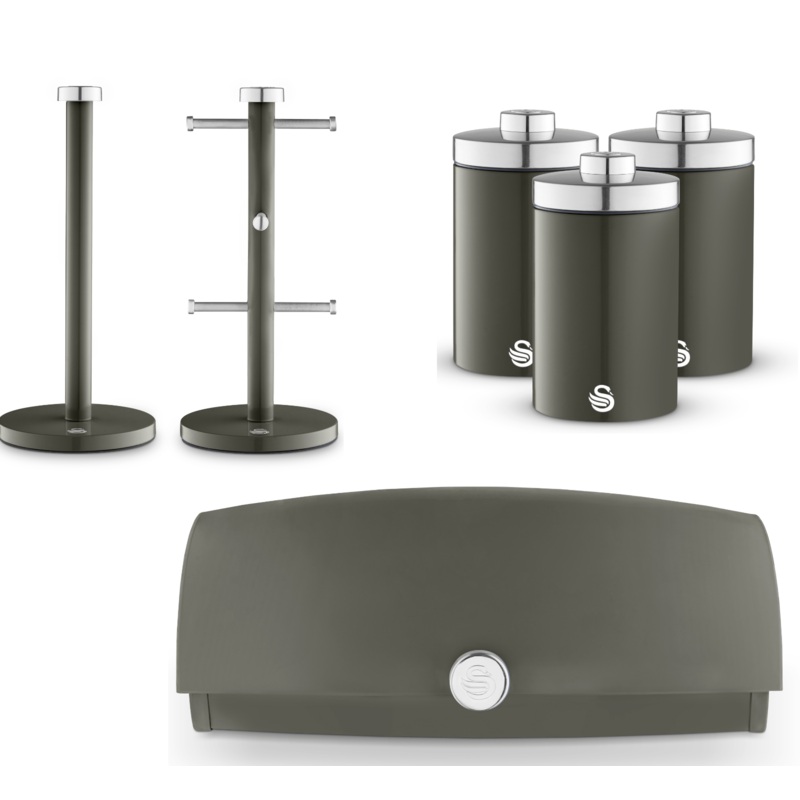 Swan Townhouse Graphite Bread Bin, Canisters, Mug Tree & Towel Pole Kitchen Storage Set in Grey