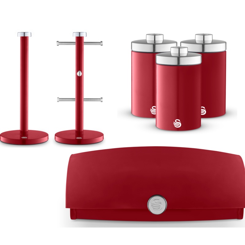 Swan Townhouse Red Bread Bin, Canisters Mug Tree & Towel Pole Kitchen Storage Set of 6