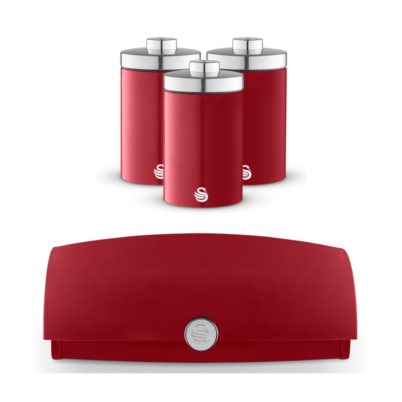 Swan Townhouse Red Bread Bin & Tea Coffee Sugar Canisters Kitchen Storage Set