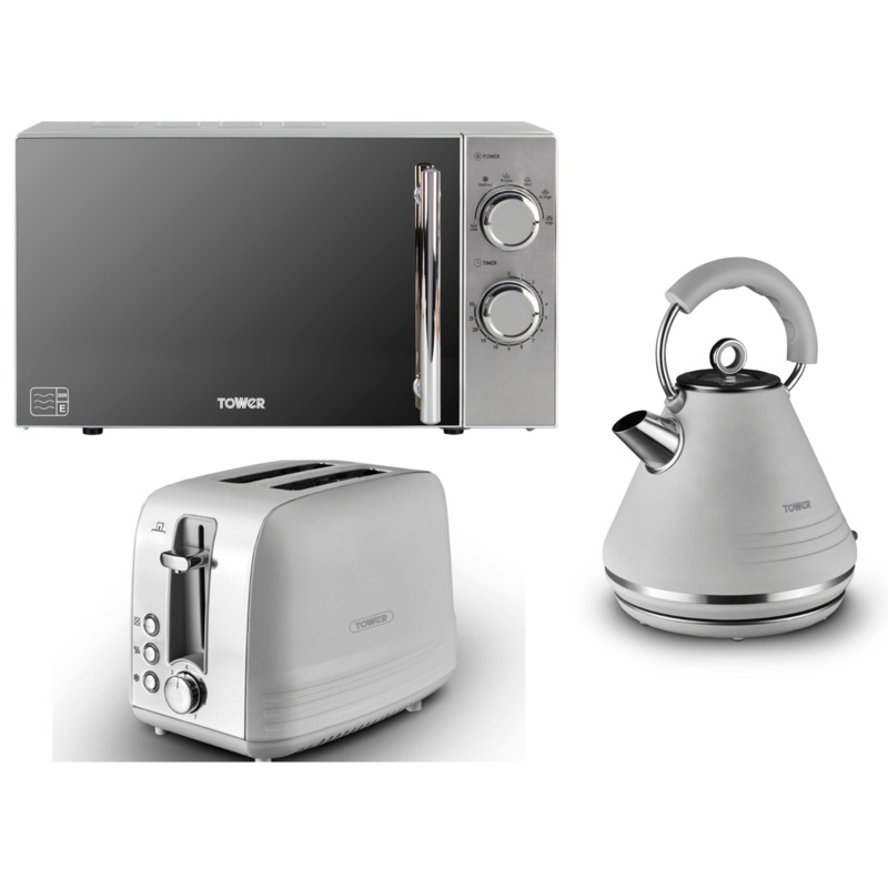 Tower Ash Grey  1.7L 3KW Pyramid Kettle, 2 Slice Toaster & Infinity 800W 20L Microwave Matching Set