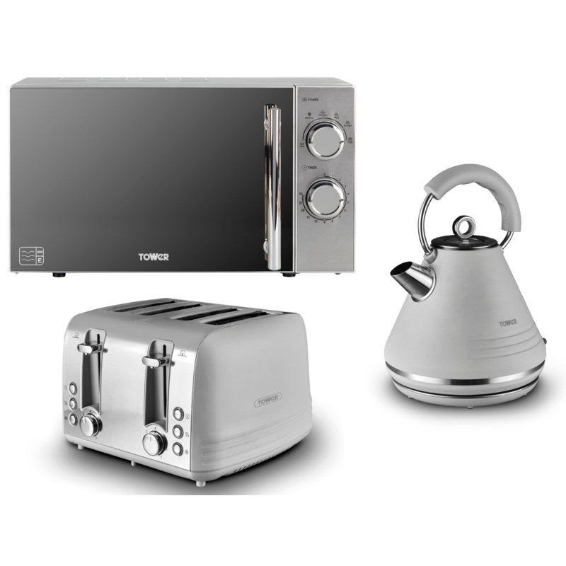 Tower Ash Grey 1.7L 3KW Pyramid Kettle, 4 Slice Toaster & Infinity 20L 800W Microwave Matching Set