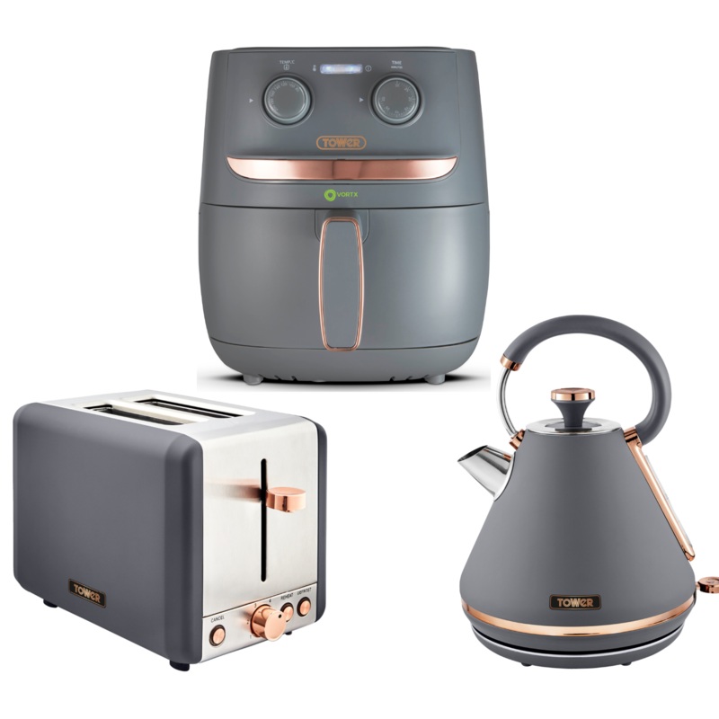 Tower Cavaletto Grey Pyramid Kettle, 2 Slice Toaster and Vortx 3.8L Air Fryer Kitchen Set