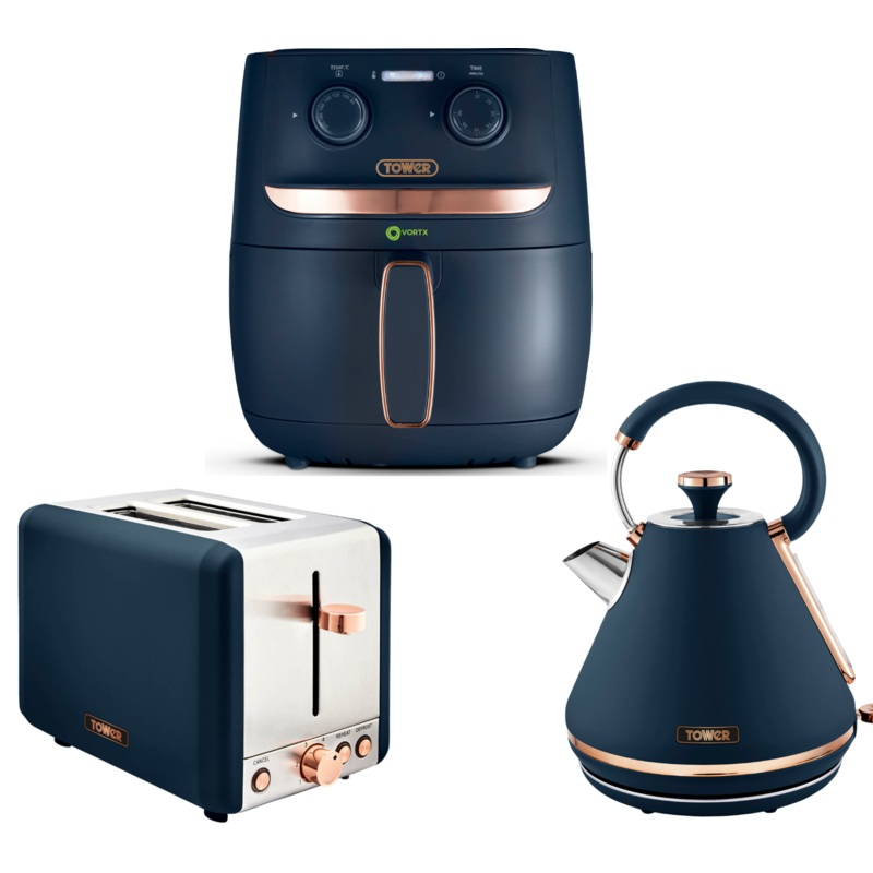 Tower Cavaletto Midnight Blue Pyramid Kettle, 2 Slice Toaster and Vortx 3.8L Air Fryer Kitchen Set