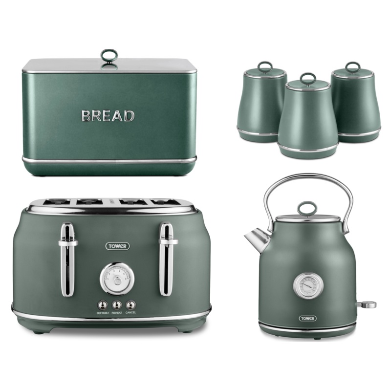 Tower Renaissance 1.7L 3KW Kettle, 4 Slice Toaster, Bread Bin and Canisters Kitchen Set in Forest Green