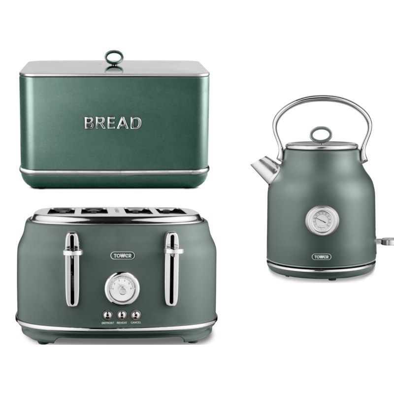 Tower Renaissance 1.7L 3KW Kettle, 4 Slice Toaster & Bread Bin Kitchen Set in Forest Green