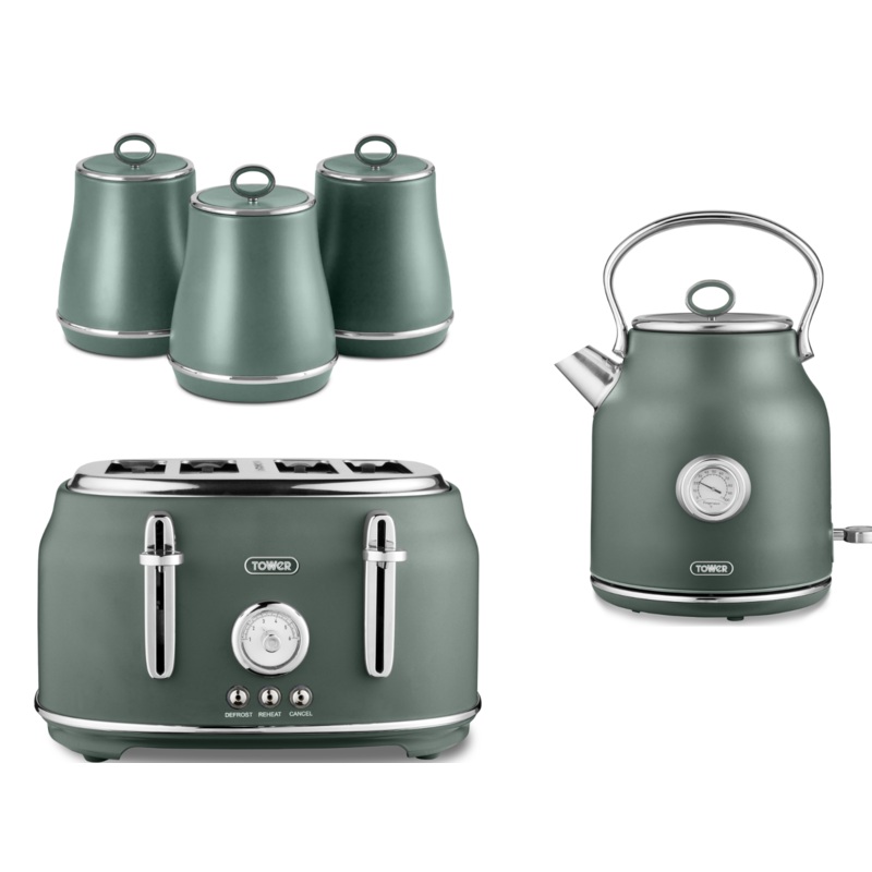 Tower Renaissance 1.7L 3KW Kettle,4 Slice Toaster & Canisters Kitchen Set in Forest Green