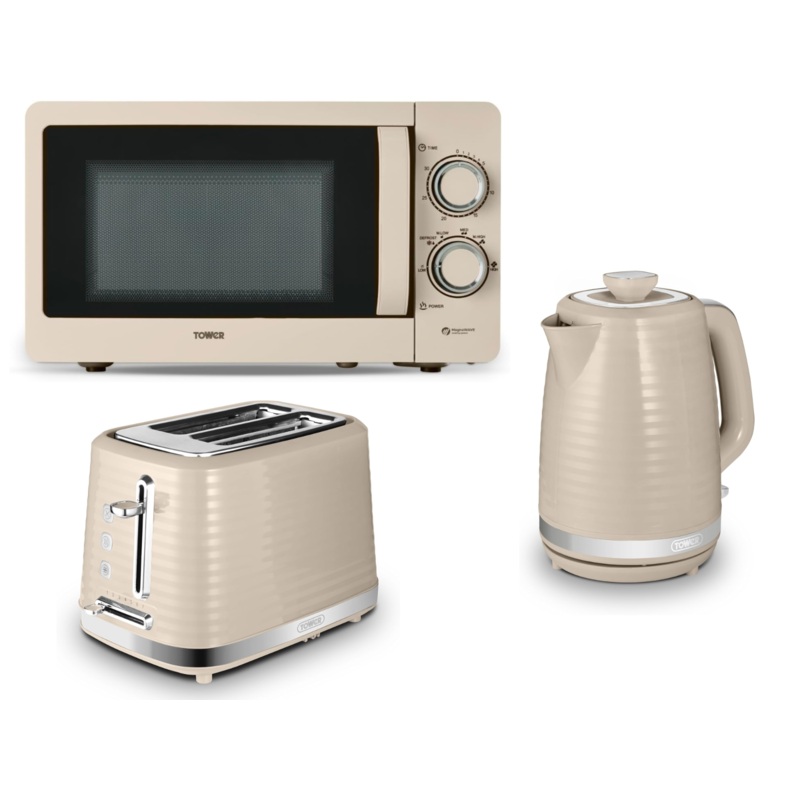 Tower Saturn 1.7L 3KW Kettle, 2 Slice Toaster & 800W 20L Microwave Matching Set in Latte with Chrome Accents