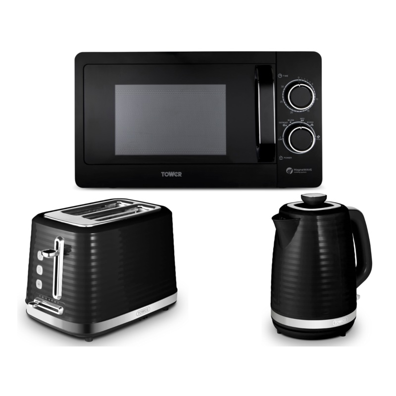 Tower Saturn Black 1.7L 3KW Kettle, 2 Slice Toaster & 800W 20L Manual Microwave Kitchen Set
