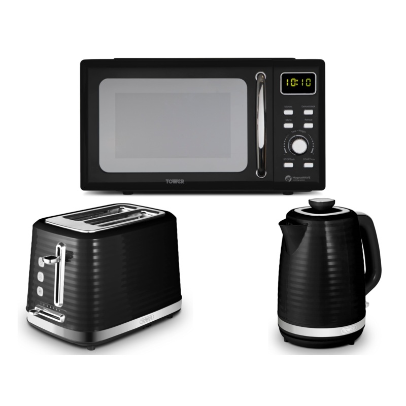 Tower Saturn Black 1.7L 3KW Kettle, 2 Slice Toaster & Microwave Matching Kitchen Set
