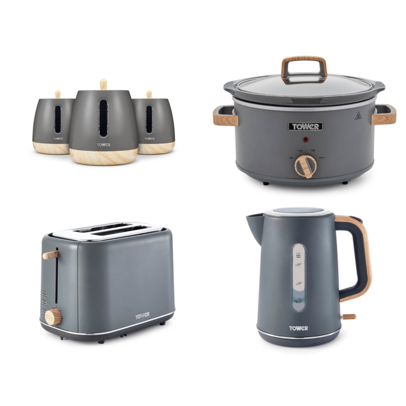Tower Scandi 1.7L 3KW Kettle, 2 Slice Toaster, 3.5L Slow Cooker & Canisters Matching Set in Grey with Wooden Accents