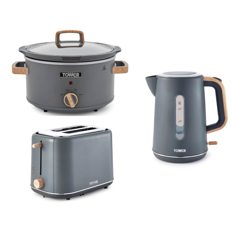 Tower Scandi 1.7L 3KW Rapid Boil Kettle, 2 Slice Toaster & 3.5L Slow Cooker Matching Set in Grey with Wooden Accents