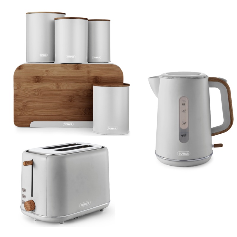 Tower Scandi Dove Grey Jug Kettle, 2 Slice Toaster, Bread Bin, 3 Canisters & Biscuit Barrel Matching Set