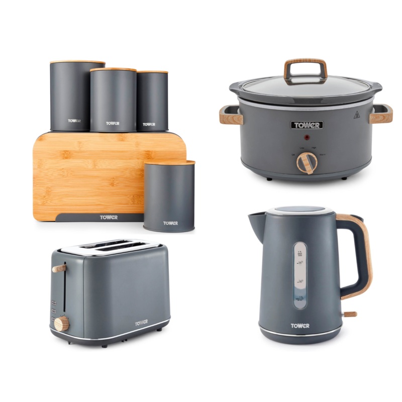 Tower Scandi Grey 1.7L 3KW Kettle, 2 Slice Toaster, 3.5L Slow Cooker & 5 Piece Storage Set