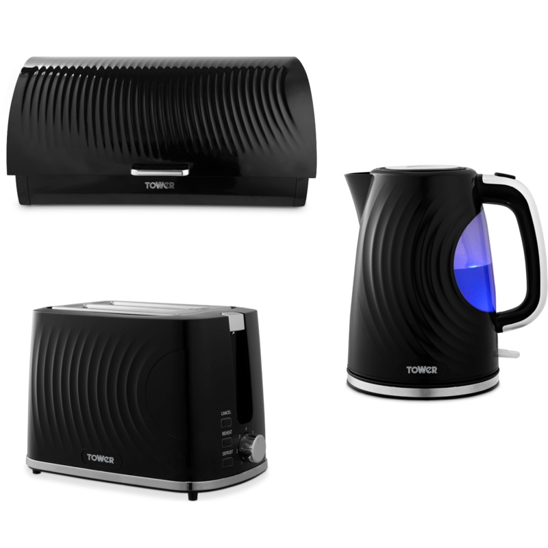 Tower Sonar Black 1.7L 3KW Kettle, 2 Slice Toaster and Bread Bin Matching Kitchen Set