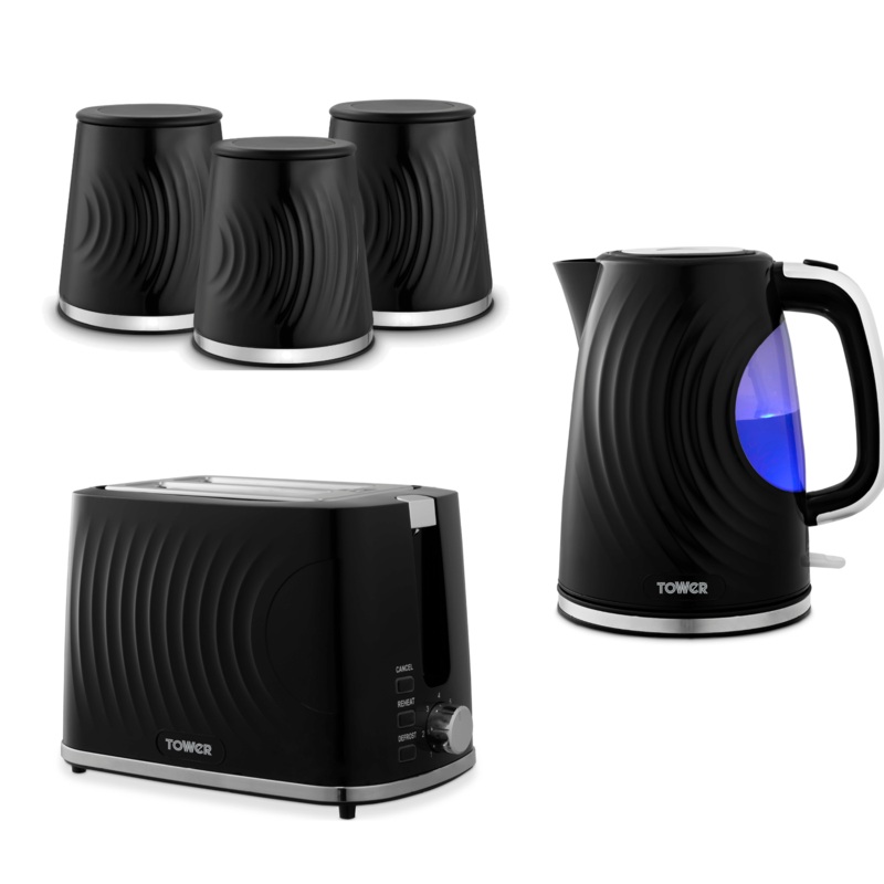 Tower Sonar Black 1.7L 3KW Kettle, 2 Slice Toaster and Tea Coffee Sugar Canisters Matching Kitchen Set