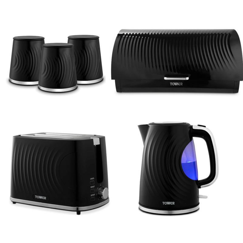 Tower Sonar Black 1.7L 3KW Kettle, 2 Slice Toaster, Bread Bin and Canisters Matching Kitchen Set