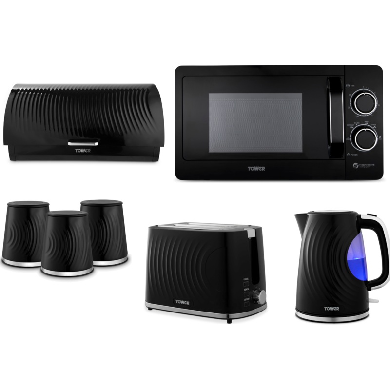 Tower Sonar Black 1.7L 3KW Kettle, 2 Slice Toaster, Bread Bin, Canisters & 800W 20L Microwave Matching Kitchen Set