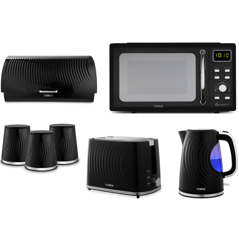 Tower Sonar Black 1.7L 3KW Kettle, 2 Slice Toaster, Bread Bin, Canisters & Digital Microwave Kitchen Set