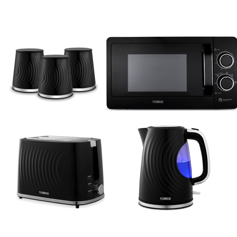 Tower Sonar Black 1.7L 3KW Kettle, 2 Slice Toaster, Canisters & 800W 20L Microwave Matching Kitchen Set