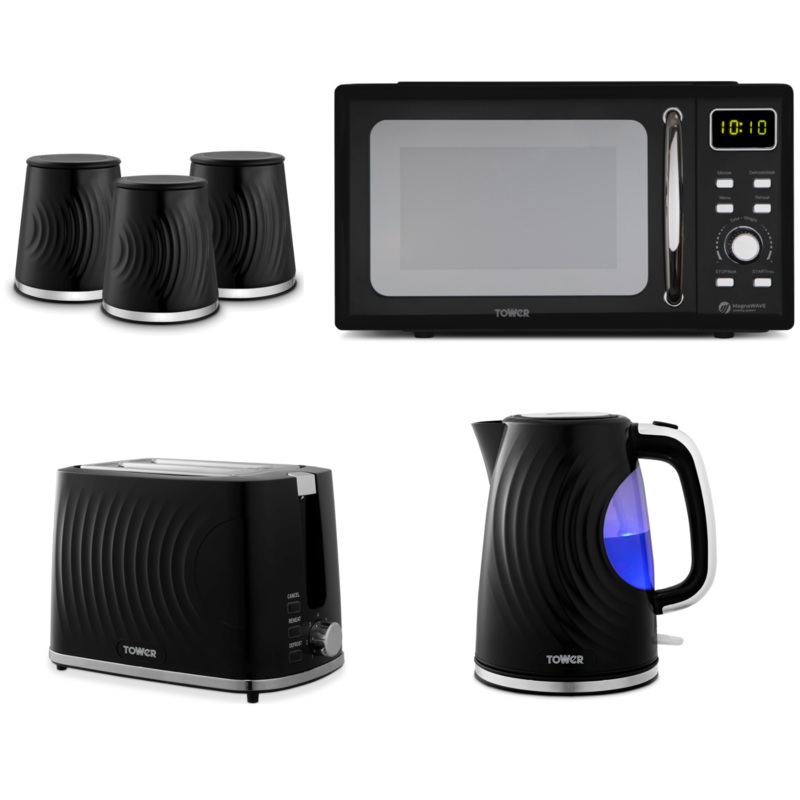Tower Sonar Black 1.7L 3KW Kettle 2 Slice Toaster, Canisters & Digital Microwave Kitchen Set