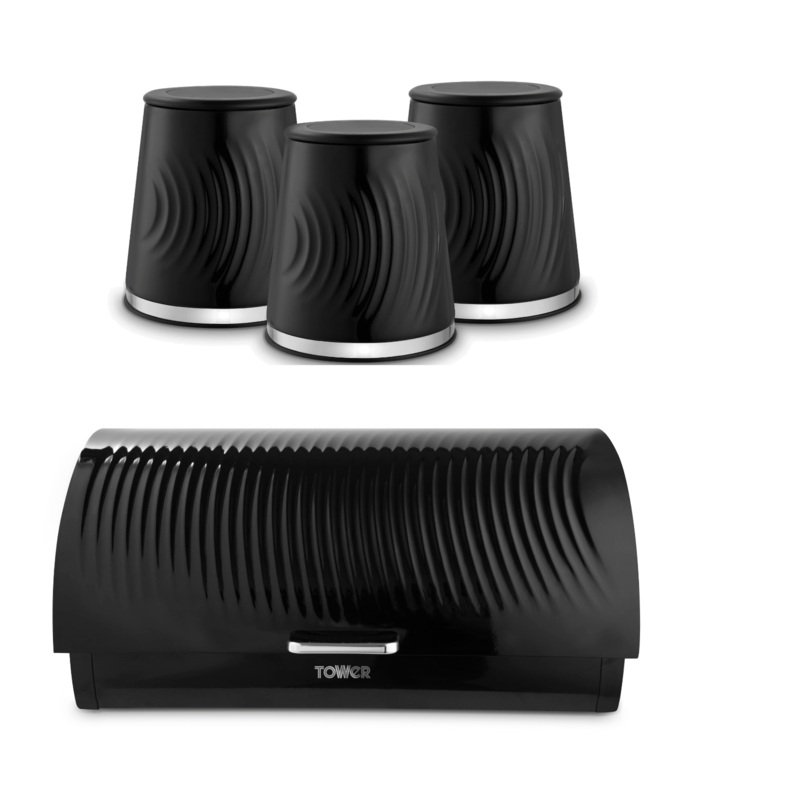 Tower Sonar Black Bread Bin and Tea Coffee Sugar Canisters Kitchen Storage Set