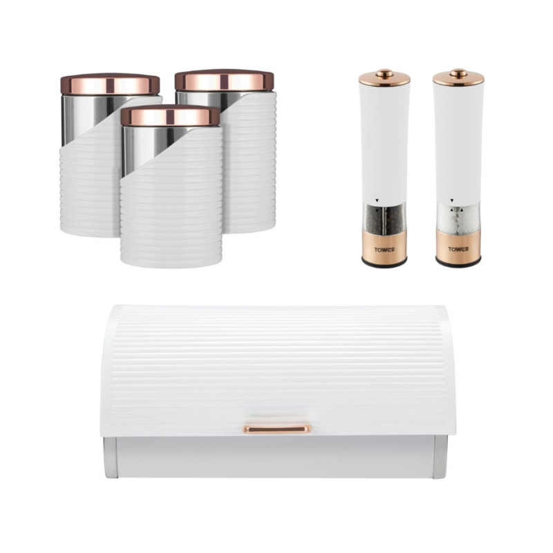 NEW TOWER Breadbin, Canisters & Electric Salt/Pepper Mills Set White/Rose Gold