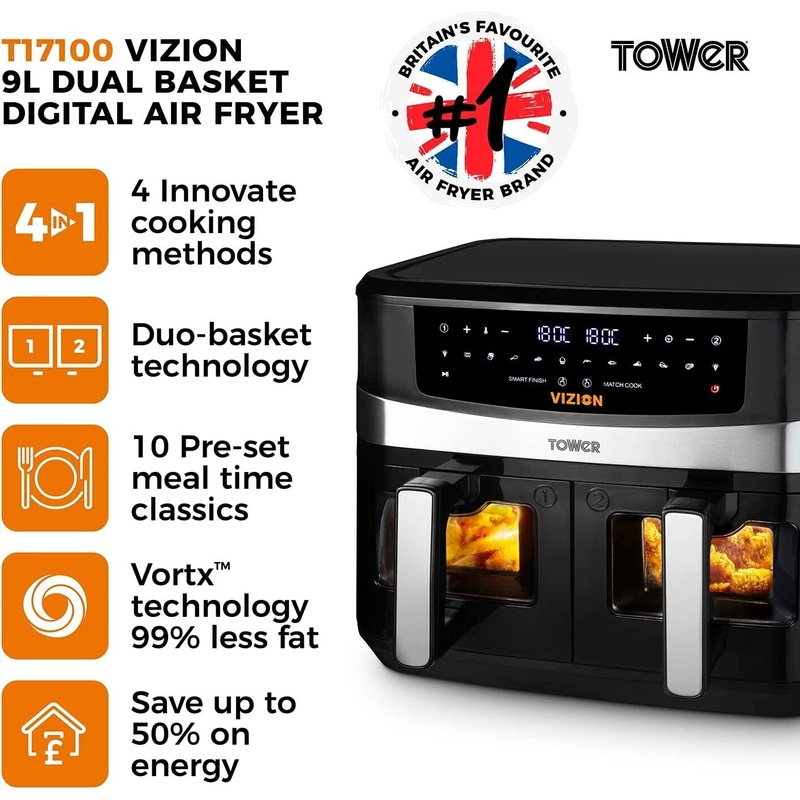 NEW Tower T17100 Vortx Vizion 9L Dual Basket Air Fryer Black Digital 3yr G`tee