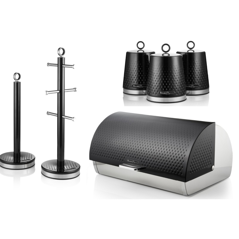 Swan Elegance Black Breadbin, Canisters, Mug Tree & Towel Pole Kitchen Storage Set