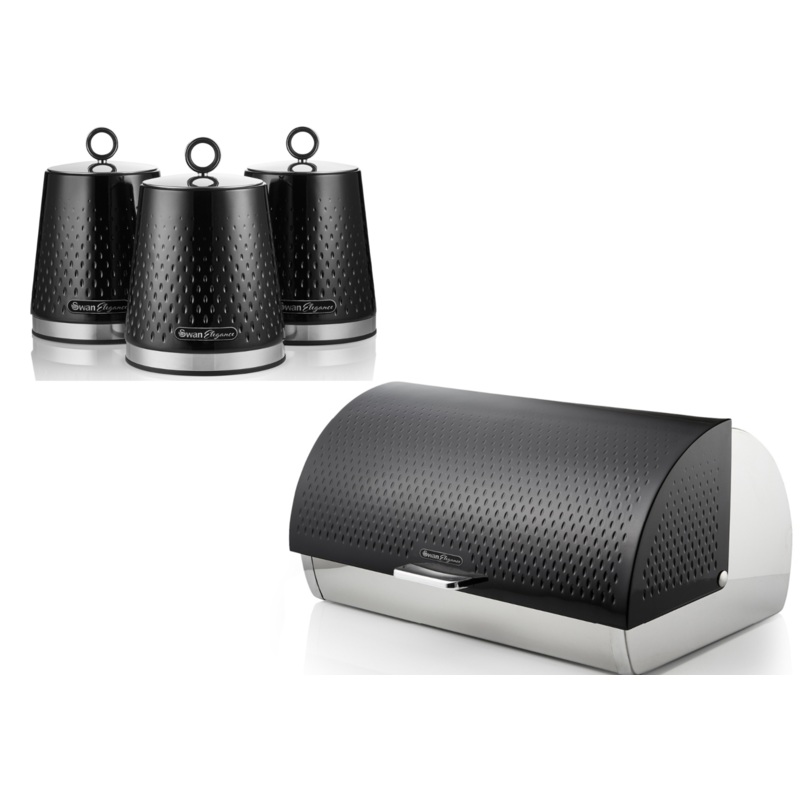 Swan Elegance Black Breadbin & Tea Coffee Sugar Canisters Kitchen Storage Set