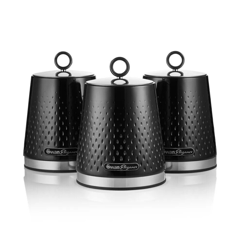 Swan Elegance Black Tea Coffee Sugar Canisters Kitchen Storage Set SWKA18533BLK