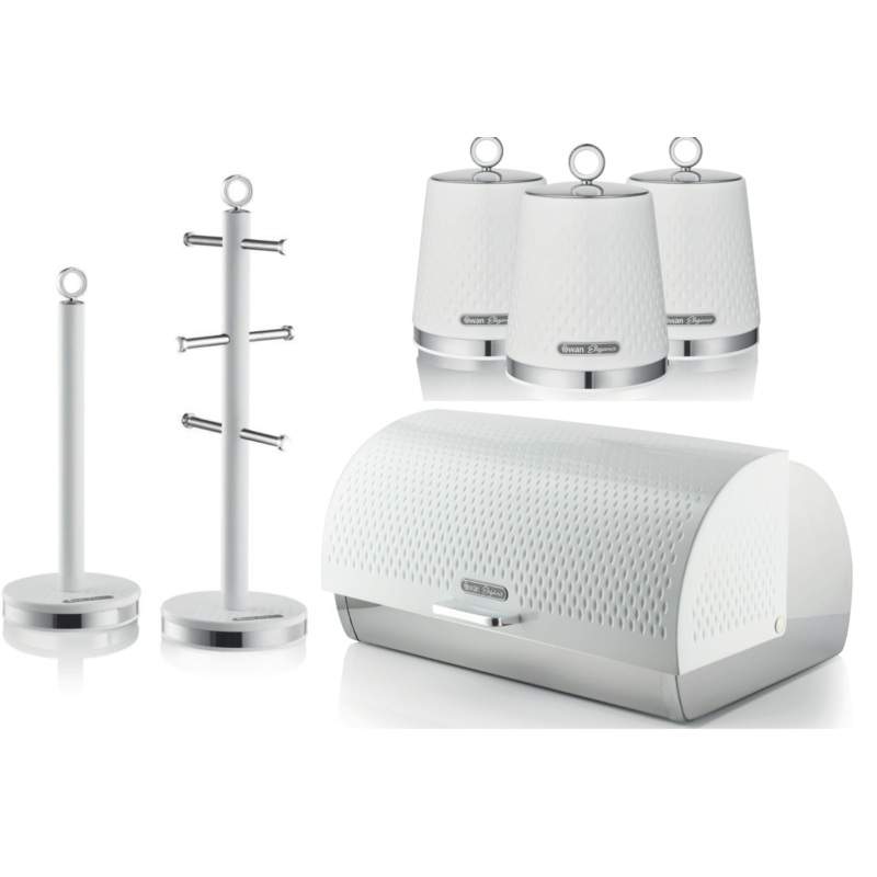 Swan Elegance White Breadbin, Canisters, Mug Tree & Towel Pole Kitchen Storage Set