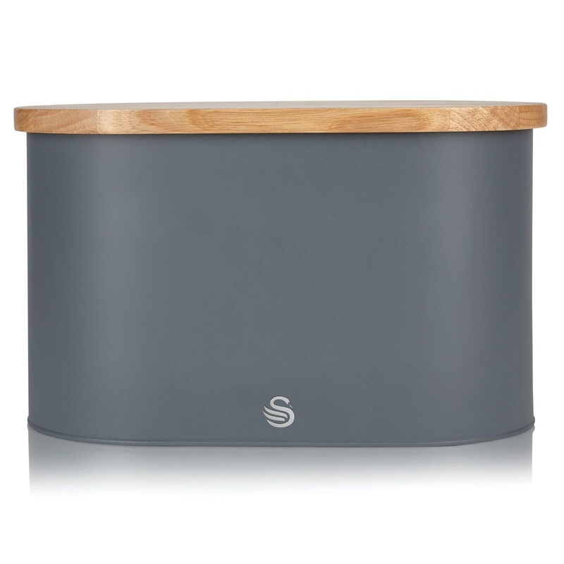 Swan Nordic Grey Bread Bin with Bamboo Cutting Board Lid.  Scandinavian Minimalist Design