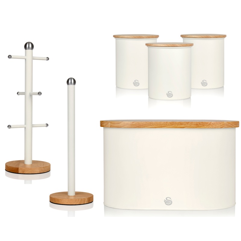 Swan Nordic White Kitchen Storage Set with Bread Bin Canisters Mug Tree & Towel Pole