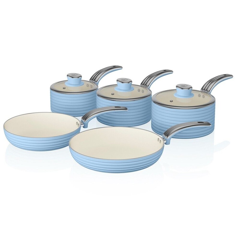 Swan Retro 5 Piece Pan Set Blue. Vintage Kitchen Cookware. 2 Year Guarantee