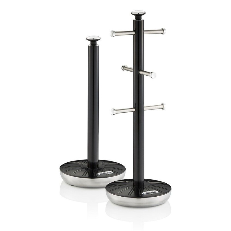 Swan Retro Black Mug Tree & Towel Pole Matching Kitchen Storage Set