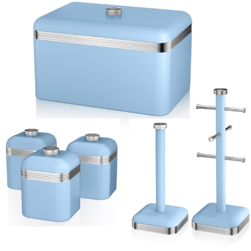 SWAN Retro Blue Bread Bin, Tea, Coffee Sugar Canisters, Mug Tree and Towel Pole Kitchen Storage Set