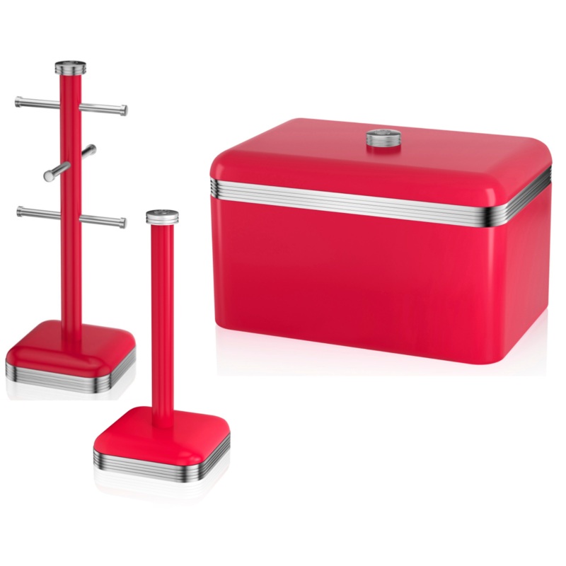 SWAN Retro Red Bread Bin Mug Tree & Towel Pole Matching Kitchen Storage Set