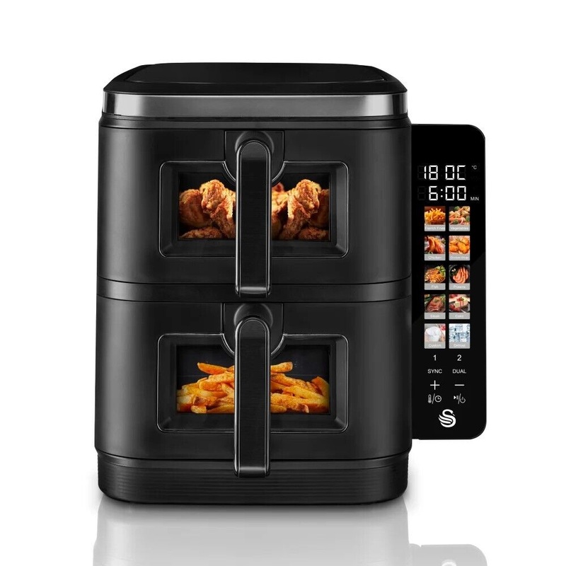 SWAN Twin Stack Digital Air Fryer 11L 2800W 2 x 5.5L Baskets Space-Saving Design SD10522BLK