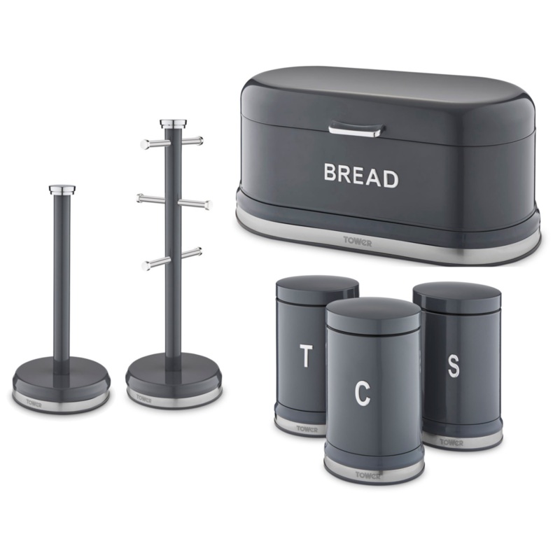 Tower Belle Bread Bin, Canisters, Mug Tree & Towel Pole Kitchen Set of 5 in Graphite Grey