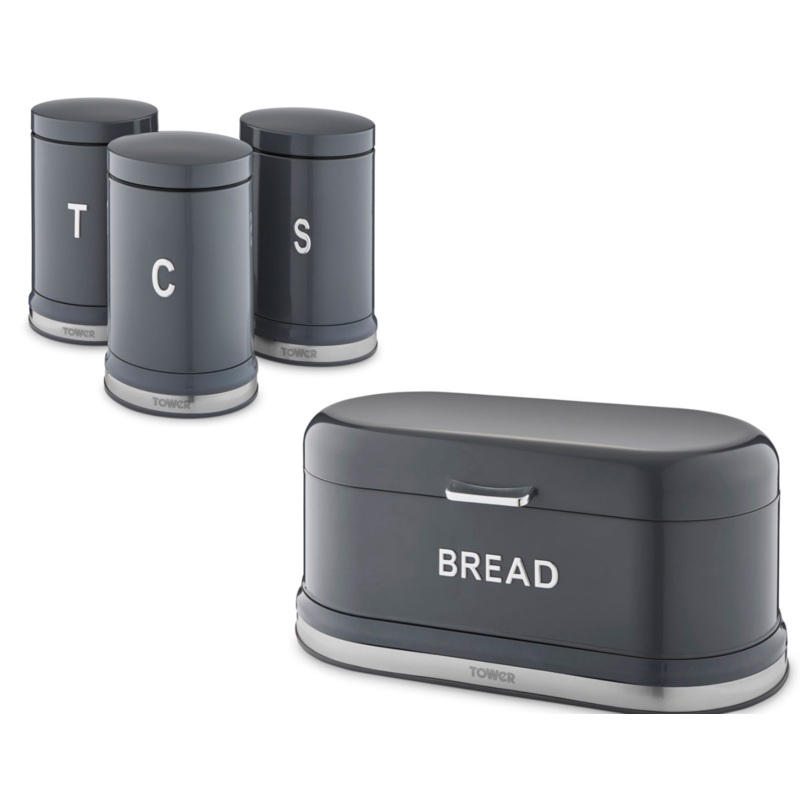 Tower Belle Bread Bin & Tea Coffee Sugar Canisters Kitchen Set in Graphite Grey