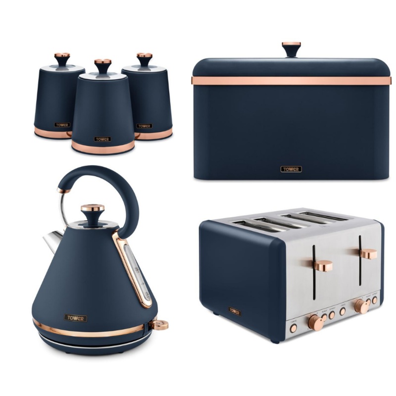 Tower Cavaletto 1.7L 3KW Pyramid Kettle, 4 Slice Toaster, Bread Bin & Canisters Matching Set in Midnight Blue & Rose Gold