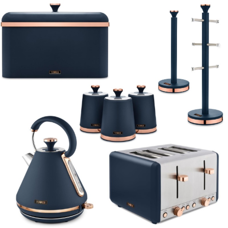 Tower Cavaletto 1.7L 3KW Pyramid Kettle, 4 Slice Toaster, Bread Bin, Canisters, Mug Tree & Towel Pole Matching Set of 8 in Midnight Blue & Rose Gold